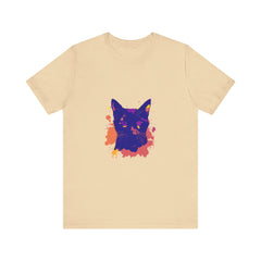A stylish and eye-catching black cat mystery t-shirt with colorful splatter