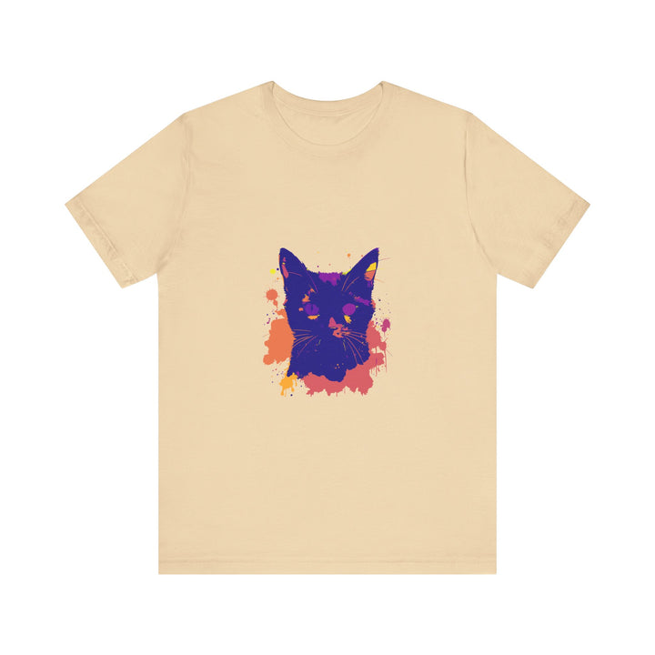 A stylish and eye-catching black cat mystery t-shirt with colorful splatter