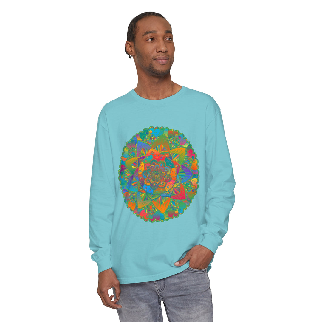 Colorful and intricate mandala design adorns this comfortable unisex long sleeve t-shirt