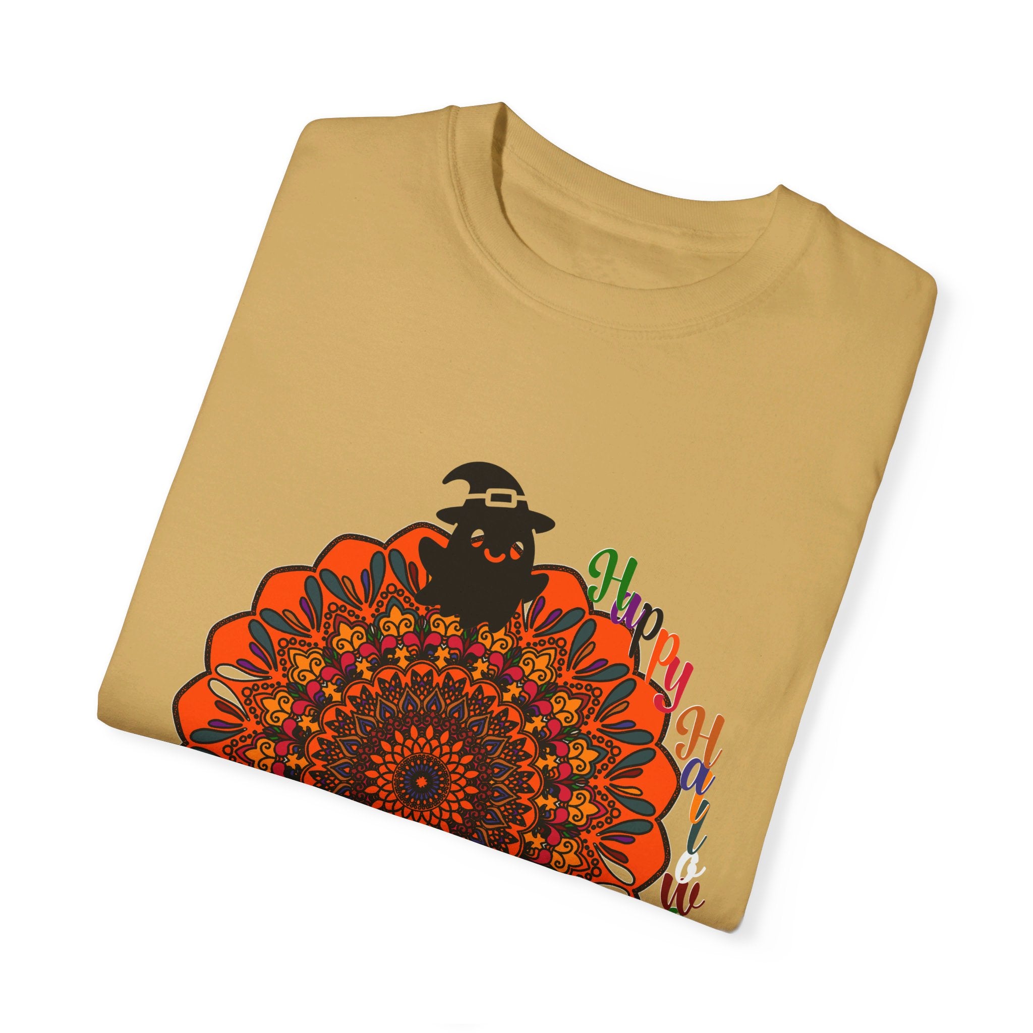 A close-up image of a unisex Halloween mandala T-shirt featuring a handmade pumpkin mandala art design, on a garment-dyed tee