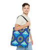 Vibrant and intricate mandala design tote bag in various bright colors