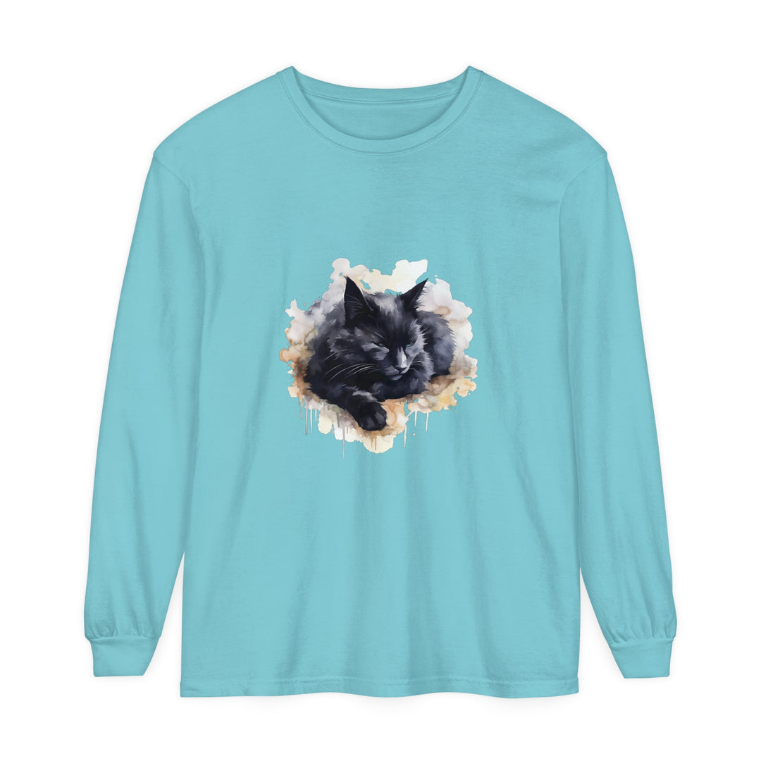 Beautiful watercolor illustration of a sleeping black cat on a vibrant t-shirt