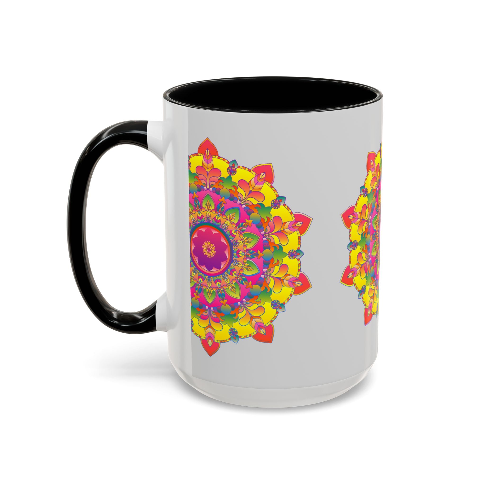 Beautiful grey mug featuring colorful mandala design, perfect for adding a pop of vibrant art to your morning routine