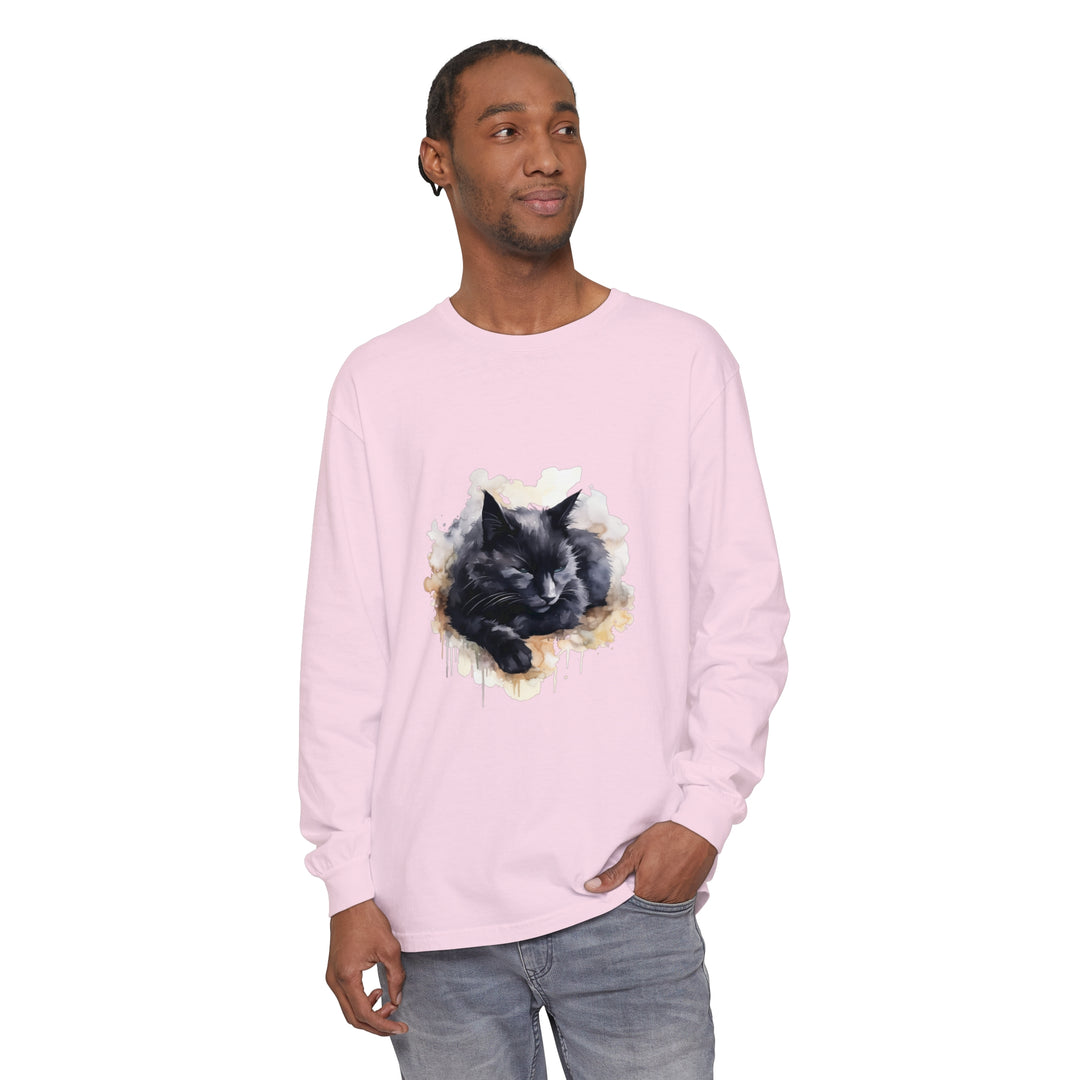 Sleeping black cat watercolor t-shirt with realistic hand-painted design