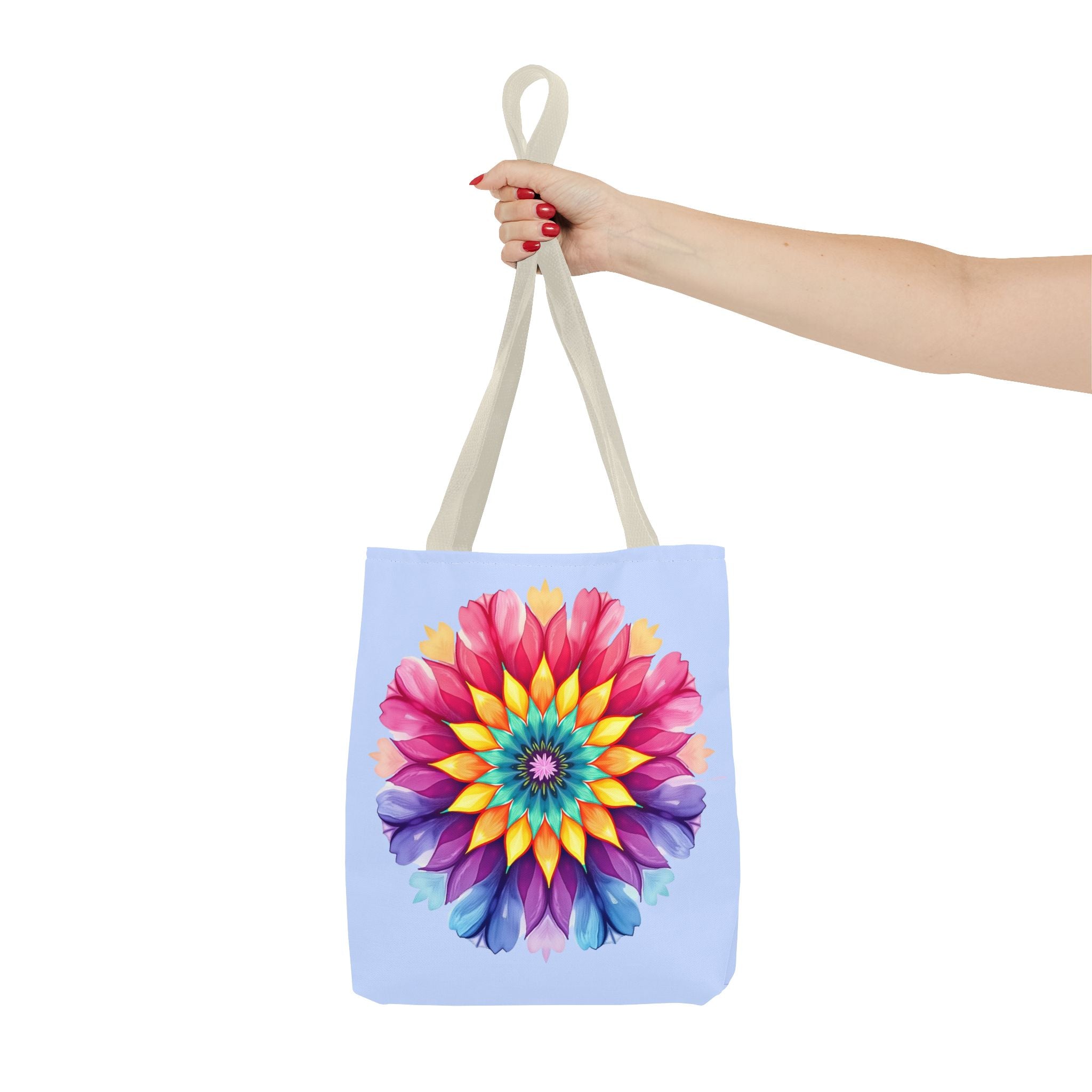 Colorful rainbow mandala tote bag with intricate design and sturdy straps