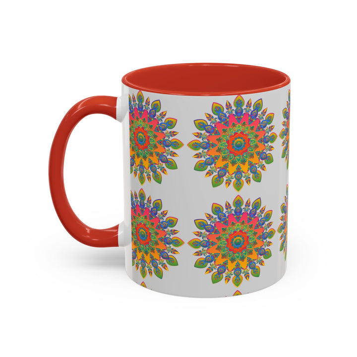 Beautiful and vibrant mandala design in multiple colors featured on a grey ceramic mug