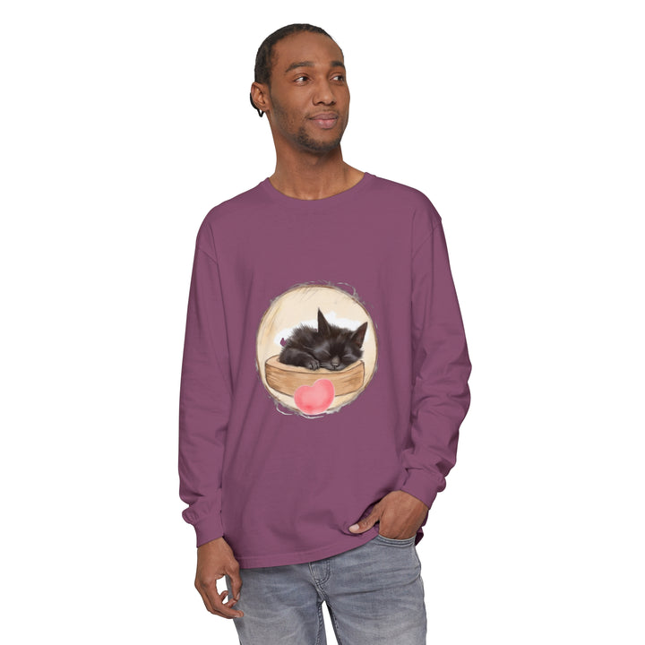 Adorable unisex t-shirt featuring a sleeping kitten design, perfect for bedtime