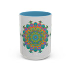 Colorful mandala art mug featuring an intricate design with vibrant colors