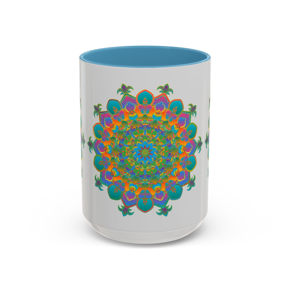 Colorful mandala art mug featuring an intricate design with vibrant colors