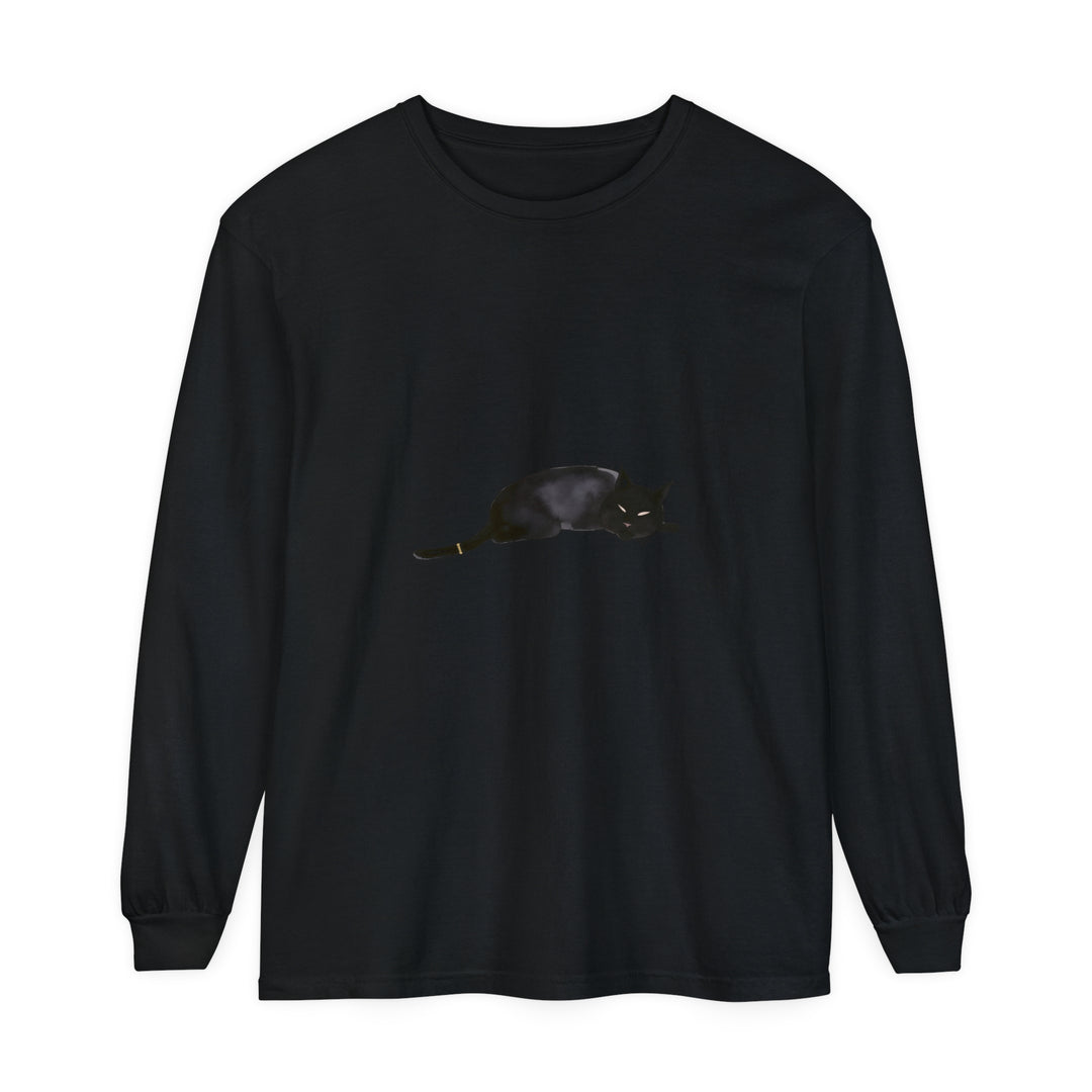 Black cat sleeping peacefully on a unisex long sleeve t-shirt