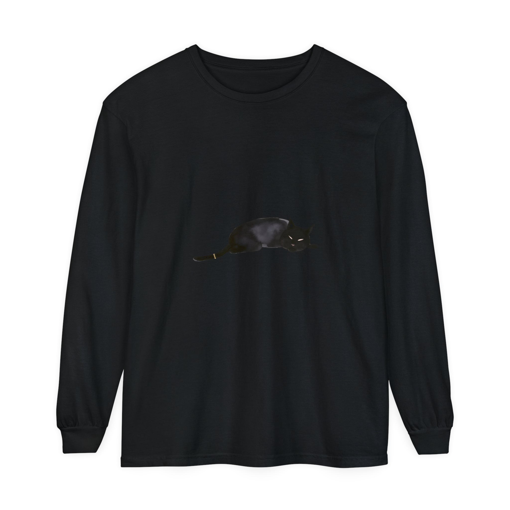 Black cat sleeping peacefully on a unisex long sleeve t-shirt