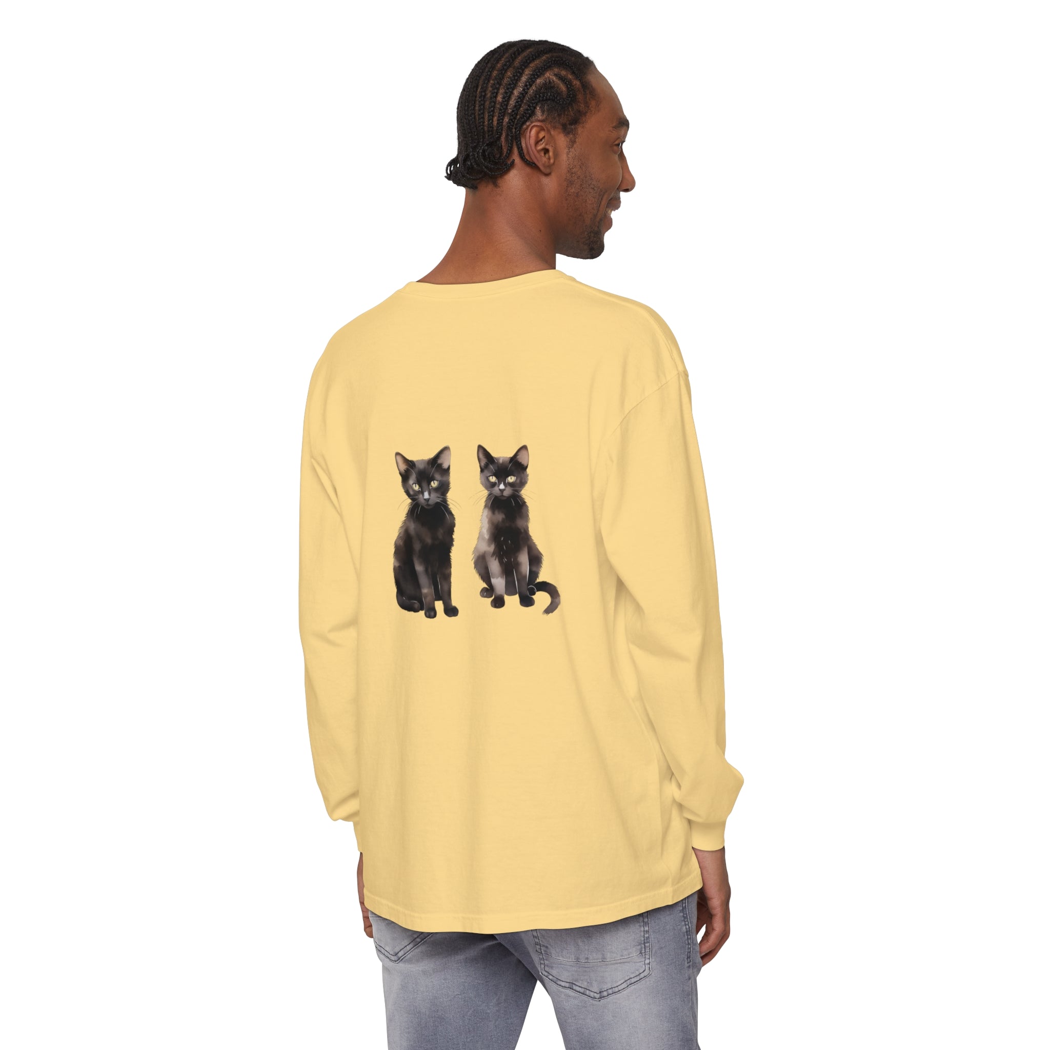 Beautiful black cat watercolor art long sleeve t-shirt on white background