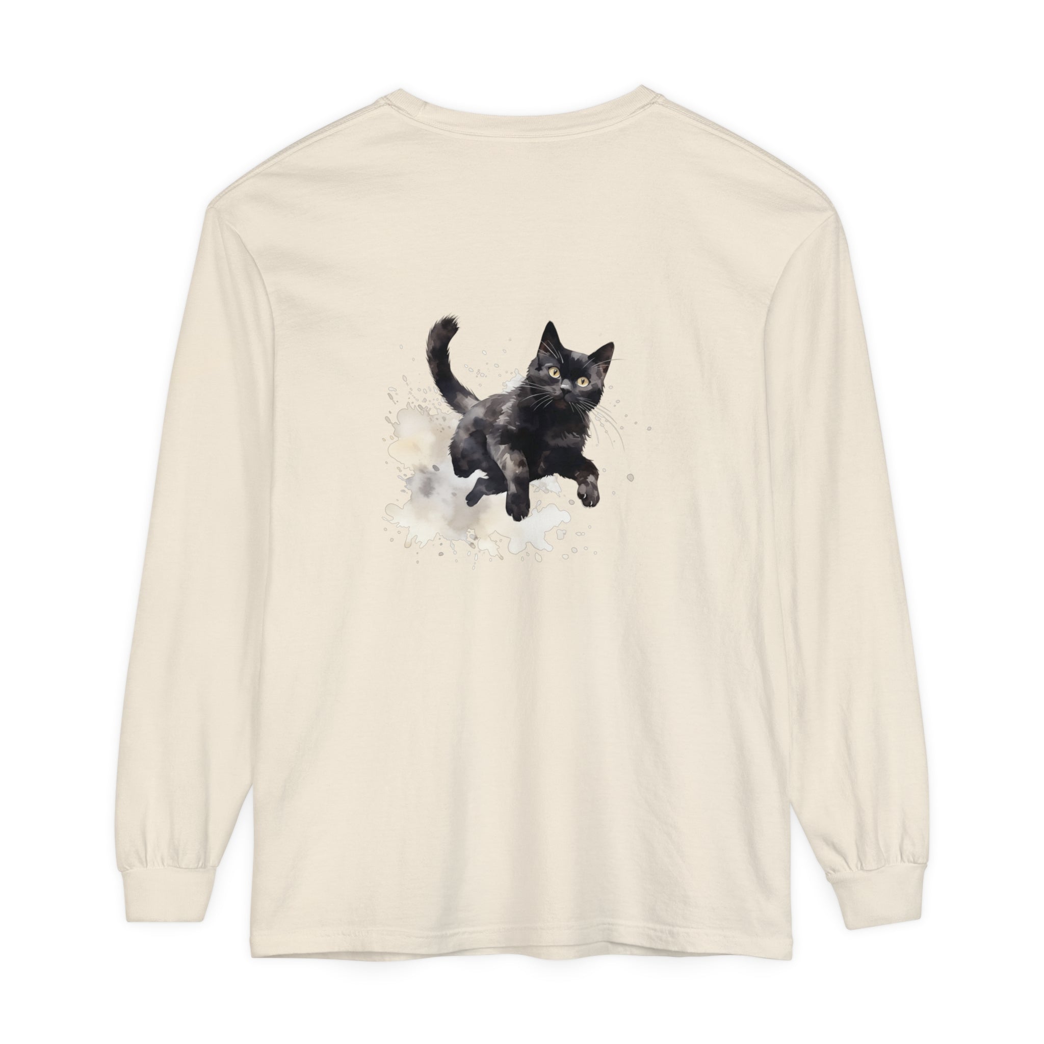 Black Cat Watercolor Splash T-Shirt featuring a playful feline design