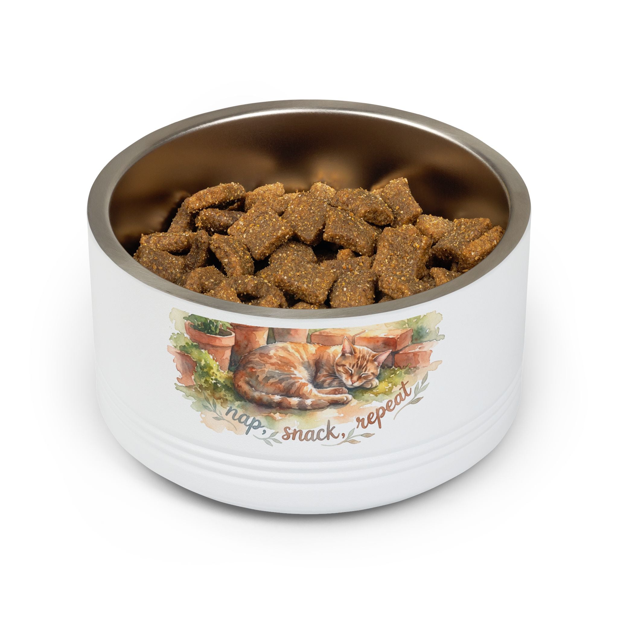 18oz Ceramic Pet Bowl — Watercolor Ginger Cat "Nap. Snack. Repeat."
