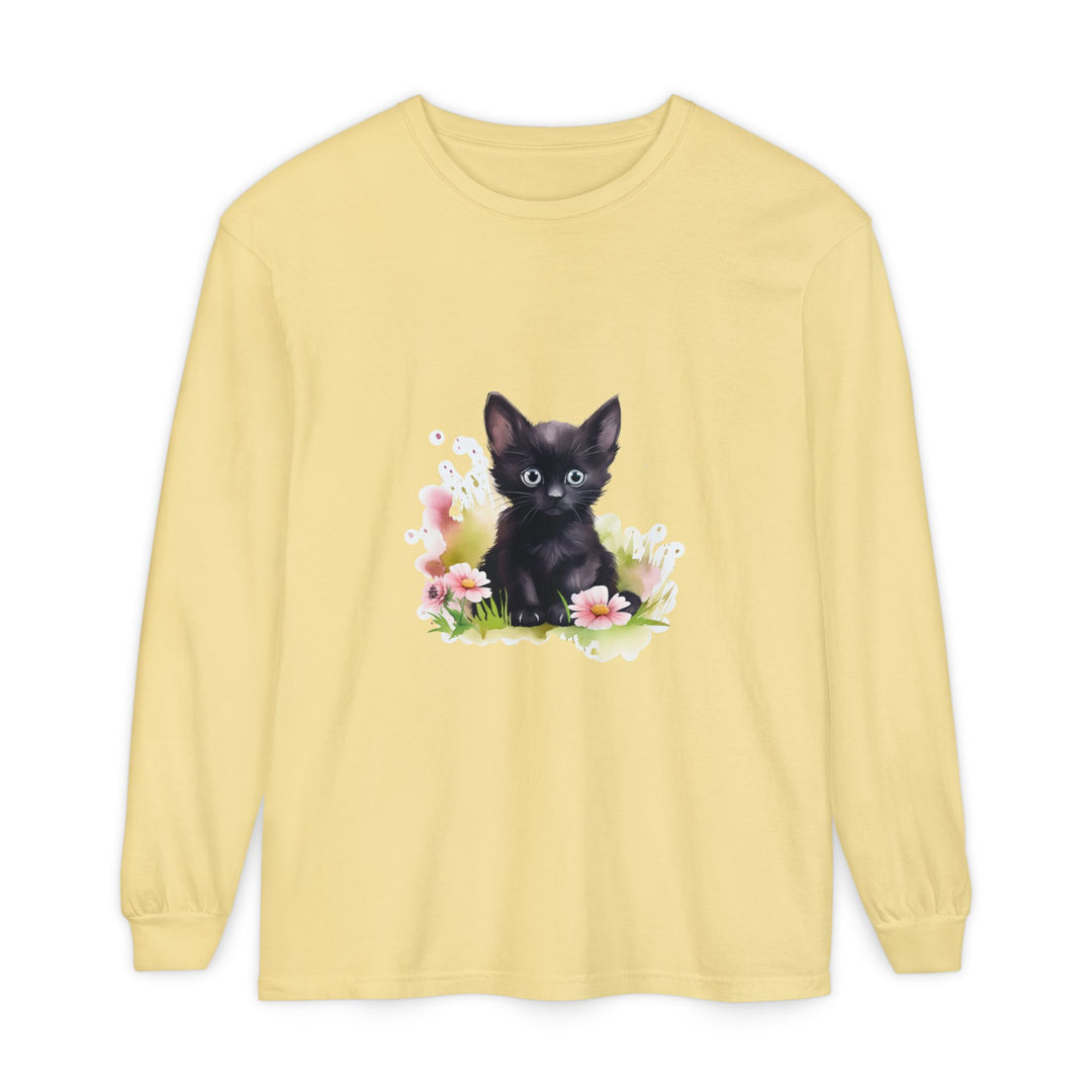 Black Kitten & Pink Flowers Long Sleeve T-Shirt