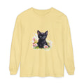 Langarmshirt mit schwarzem Kätzchen und rosa Blumen