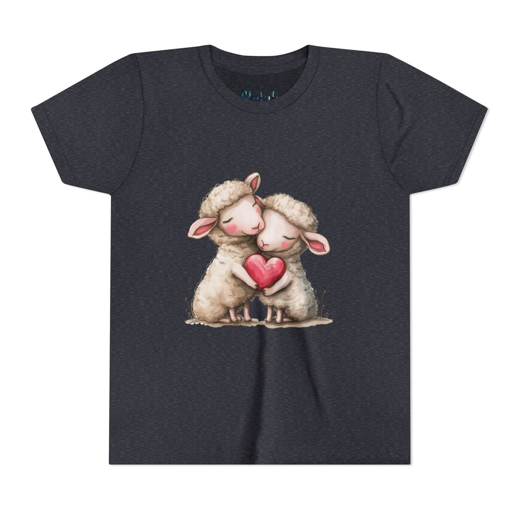 Youth Tee - Cartoon Sheeps Hugging Heart, Cute and Lovely Design