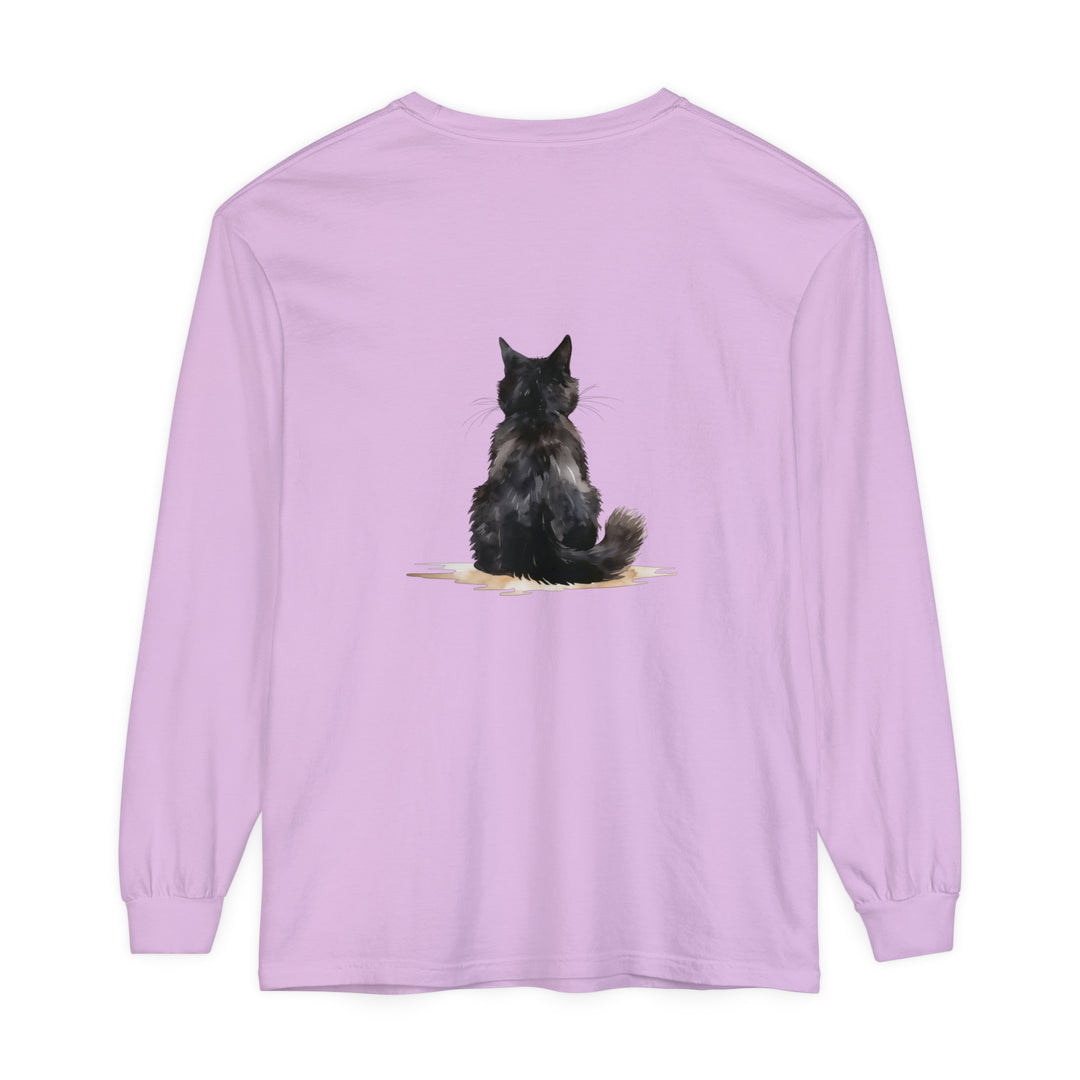 Black Cat Watercolor Unisex Long Sleeve T-Shirt featuring a beautiful watercolor design of a black cat on a high-quality, comfortable long sleeve shirt