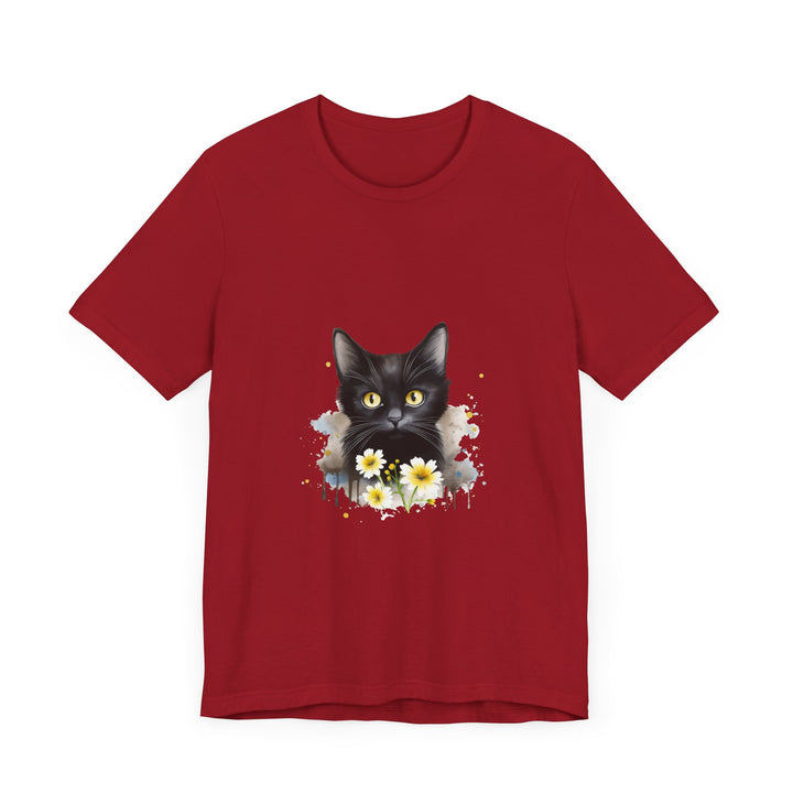 A stylish black t-shirt featuring an illustration of a fierce black cat with striking yellow eyes, perfect for cat lovers and animal enthusiasts