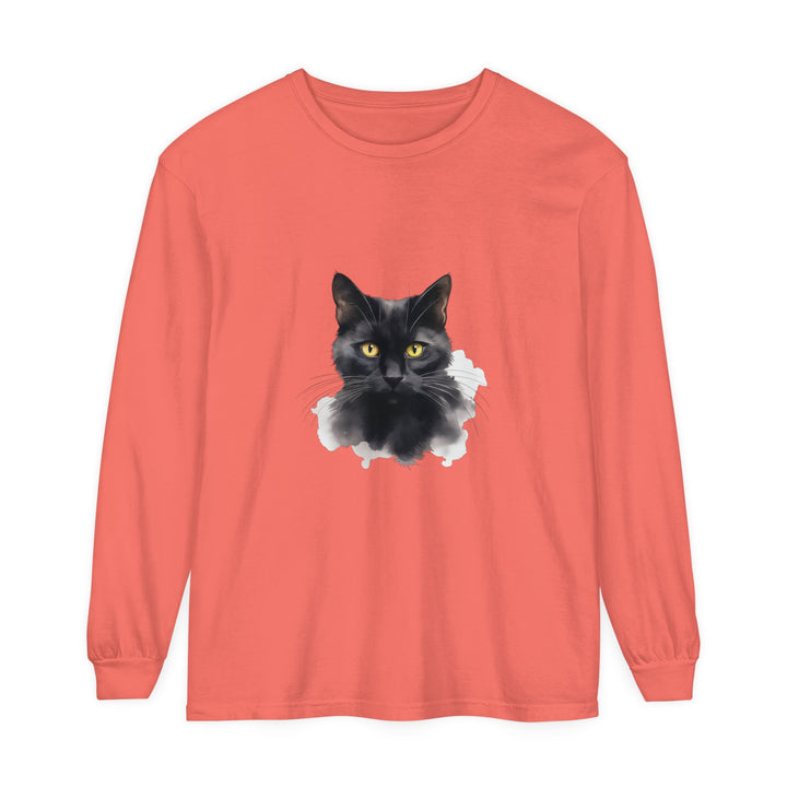 A close-up image of a black cat portrait printed on a unisex long sleeve t-shirt