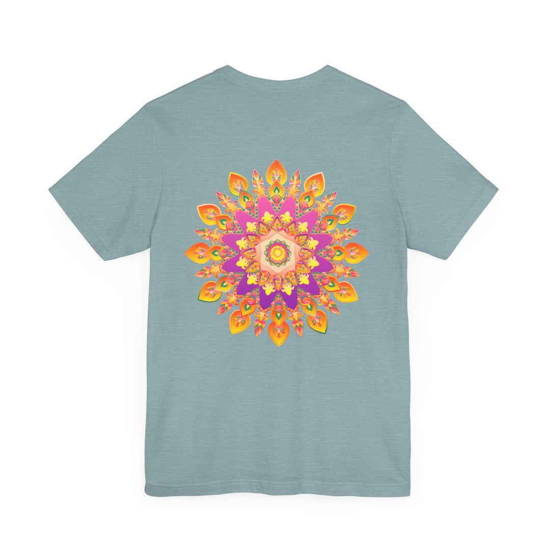 Colorful and intricately designed Vibrant Mandala T-Shirt featuring symbols of peace and harmony, perfect for expressing your positive and spiritual energy