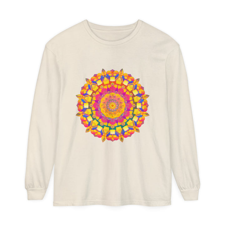 Vibrant and intricate mandala design on long sleeve t-shirt, perfect for psychedelic art enthusiasts