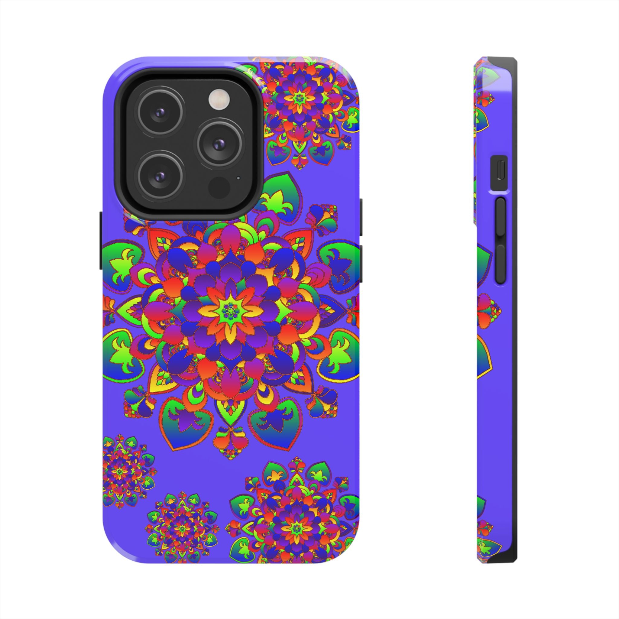 Colorful and intricate hand-drawn mandala design phone case with rainbow patterns