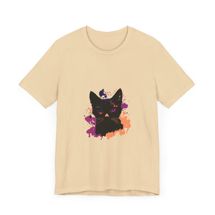 Black Cat Mystery T-Shirt featuring a black cat with vibrant purple eyes