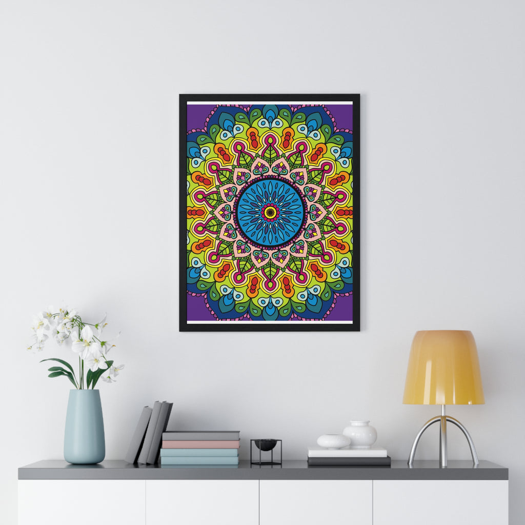 Beautiful vertical framed poster featuring a hand-drawn mandala art, perfect for promoting mindfulness and enhancing your yoga practice