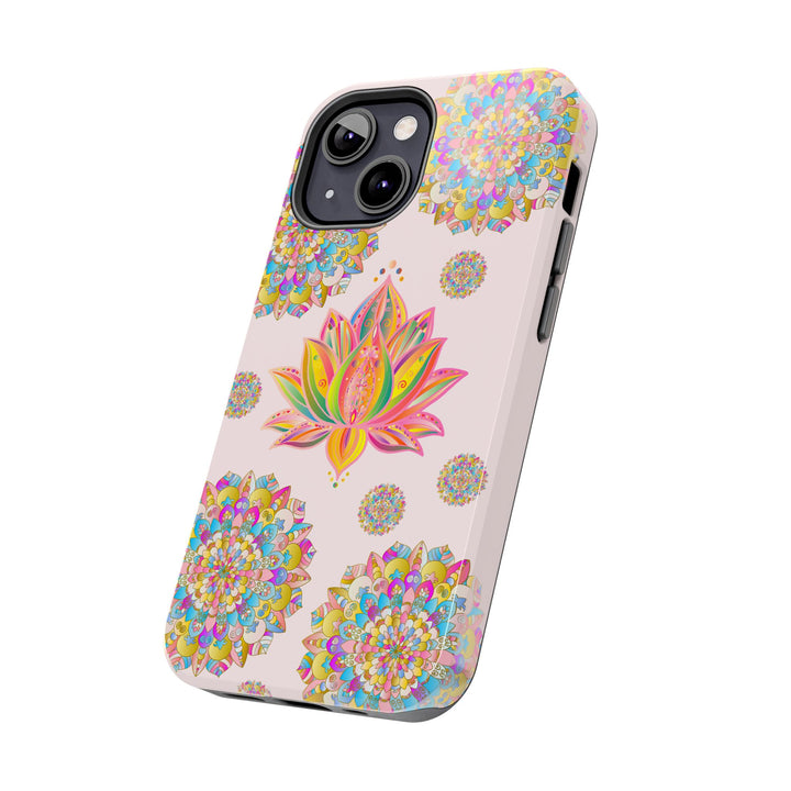 Beautiful light pink phone case with intricate lotus flower mandala design