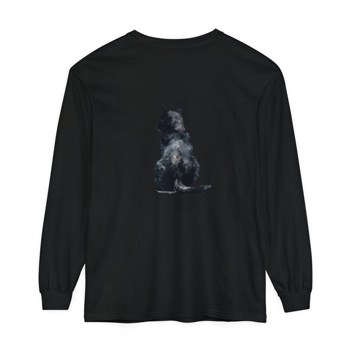 Black Cat Watercolor Long Sleeve T-Shirt featuring a stunning watercolor design of a black cat on a comfortable long sleeve shirt