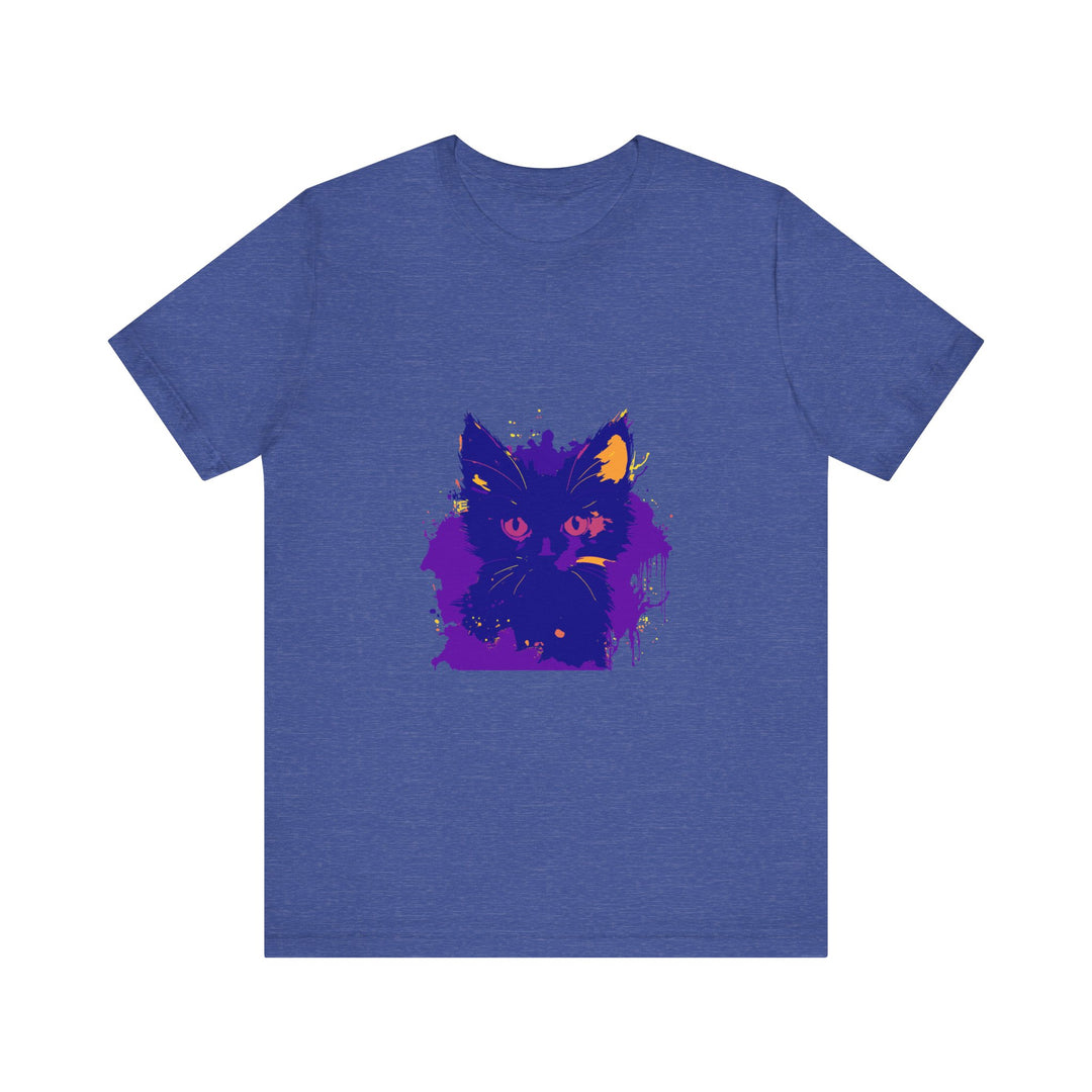 A soft and comfortable t-shirt featuring a whimsical design of a blue and pink cat, perfect for cat lovers and those who appreciate unique fashion