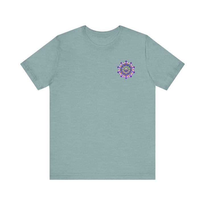 Colorful and intricate mandala design on a t-shirt promoting spiritual peace and harmony