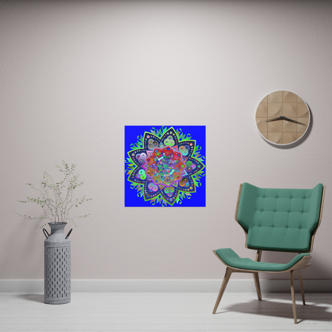 Vibrant blue mandala art poster with intricate hand-drawn designs