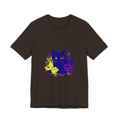 Black Cat Mystery Neon Flower T-Shirt: A vibrant, eye-catching graphic tee featuring a mysterious black cat and neon-colored flowers