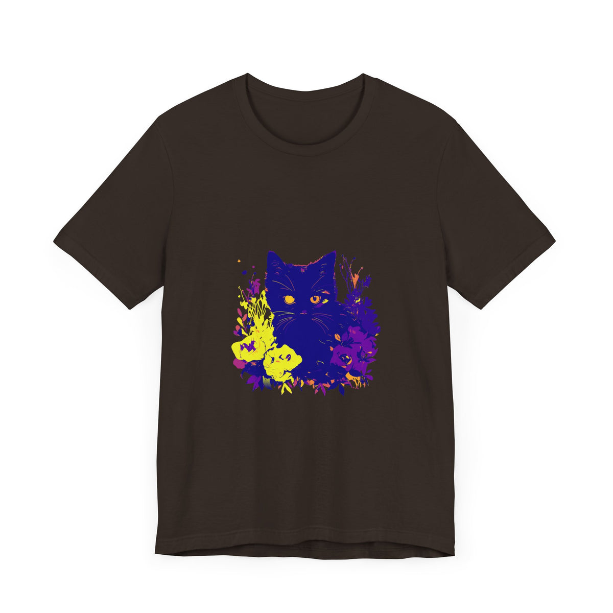 Black Cat Mystery Neon Flower T-Shirt: A vibrant, eye-catching graphic tee featuring a mysterious black cat and neon-colored flowers