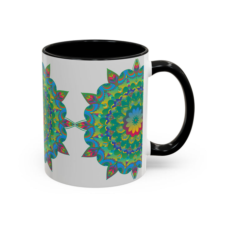 A vibrantly decorated ceramic mug featuring a striking mandala floral design