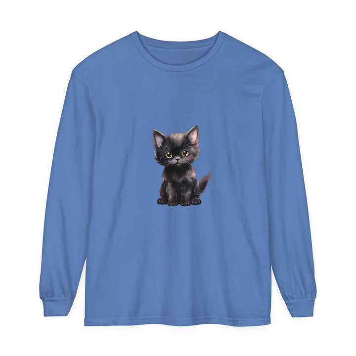 Adorable black kitten with striking yellow eyes printed on long sleeve t-shirt