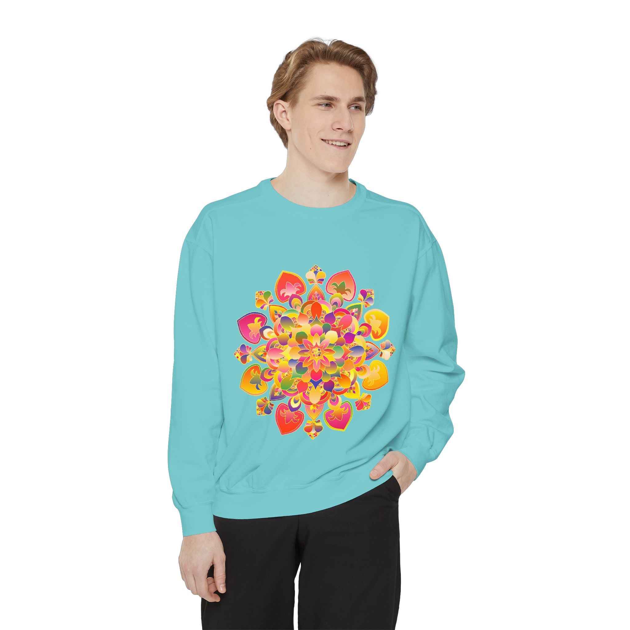 Vibrant Mandala Sweatshirt featuring intricate and colorful design, perfect for adding a pop of color to your wardrobe