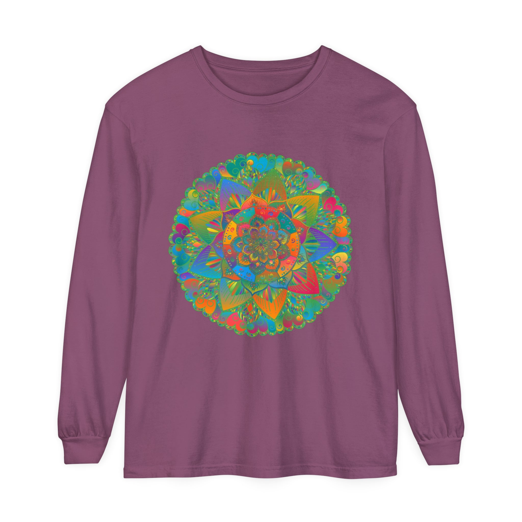 Colorful and intricate mandala design on a comfortable unisex long sleeve t-shirt