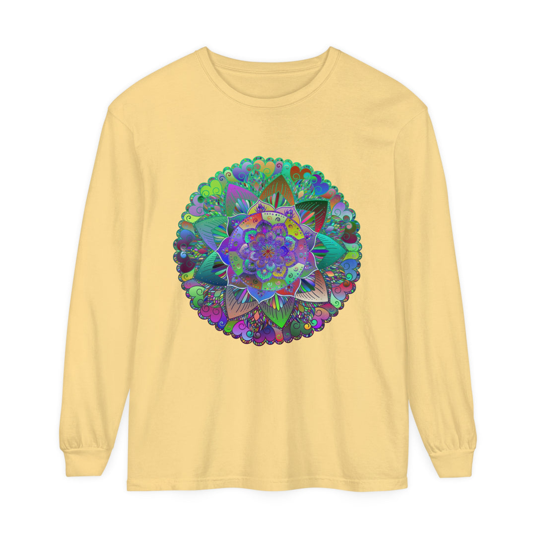 Vibrant mandala long sleeve t-shirt in blue and green hues for men and women