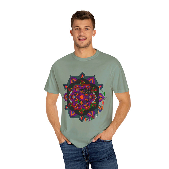 Unisex Halloween Mandala T-shirt featuring handmade pumpkin mandala art on garment-dyed tee