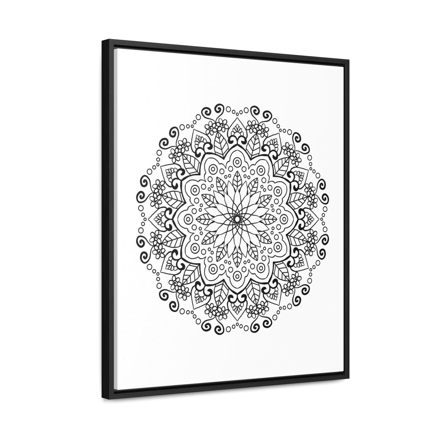 Handmade black and white mandala art on gallery canvas wraps, displayed in a vertical frame for wall decor