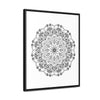 Handmade black and white mandala art on gallery canvas wraps, displayed in a vertical frame for wall decor