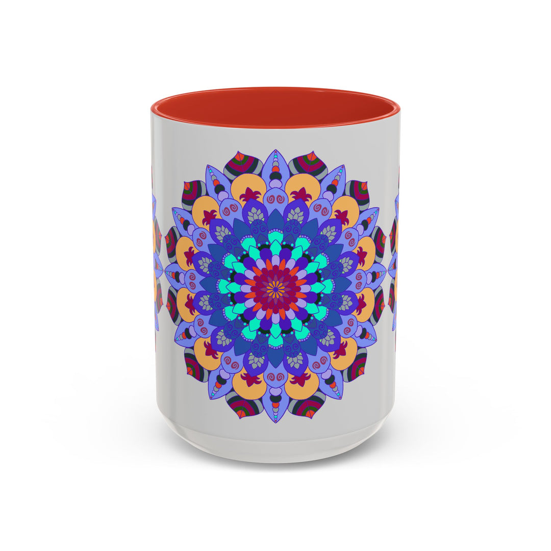 Colorful and symmetrical mandala art mug with intricate patterns and vibrant colors