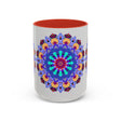 Colorful and symmetrical mandala art mug with intricate patterns and vibrant colors