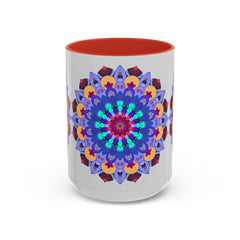 Colorful and symmetrical mandala art mug with intricate patterns and vibrant colors