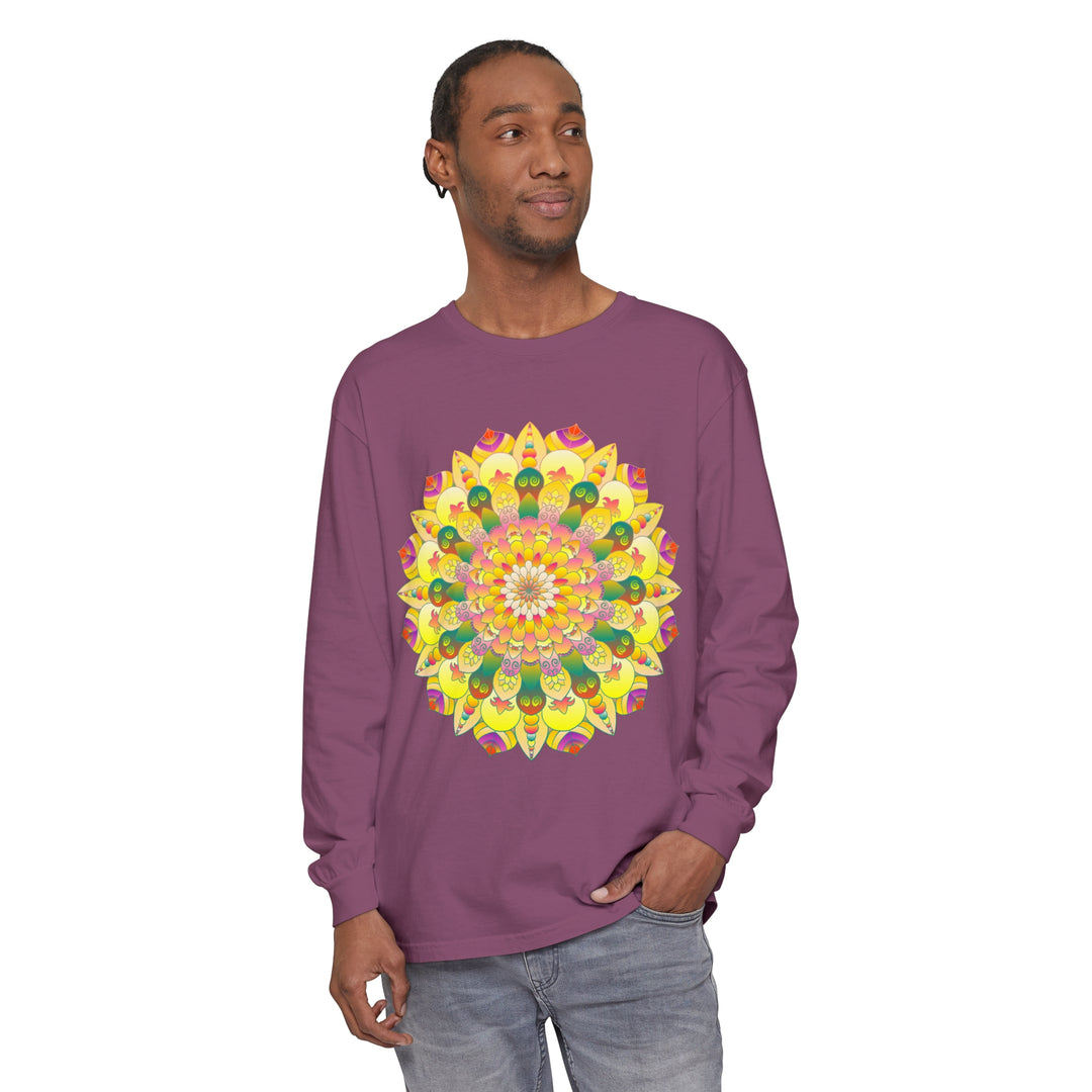 Colorful and intricate mandala design on unisex long sleeve t-shirt