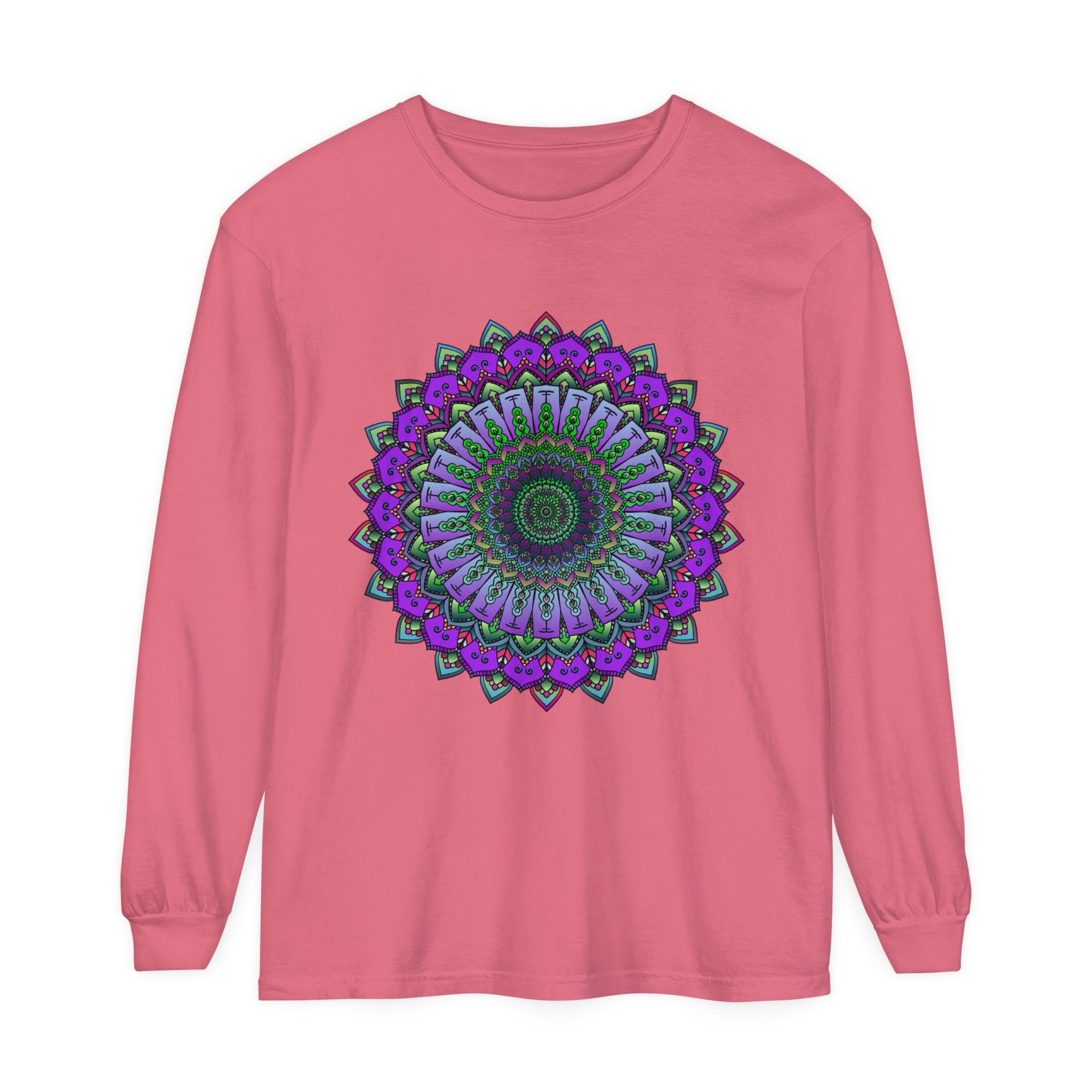 A close-up image of an intricate mandala design on a unisex long sleeve t-shirt in vibrant colors