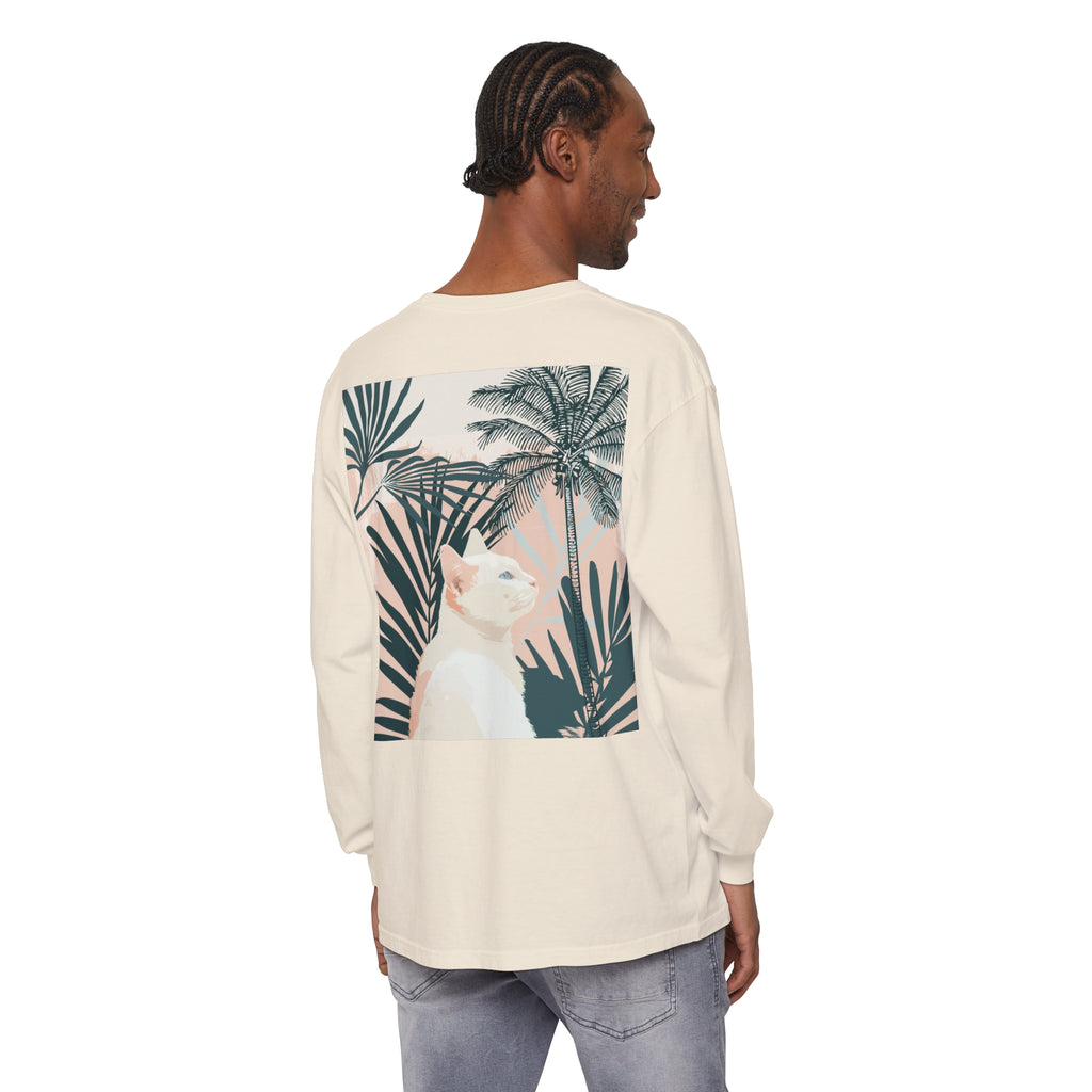 White Cat Tropical Mandala Long Sleeve T-Shirt - Women's Comfortable Cotton Shirt with Unique Cat and Mandala Design